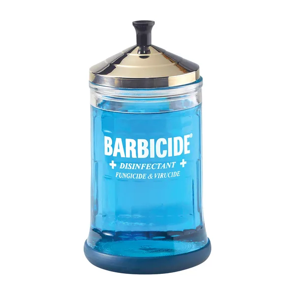 A small Barbicide glass jar