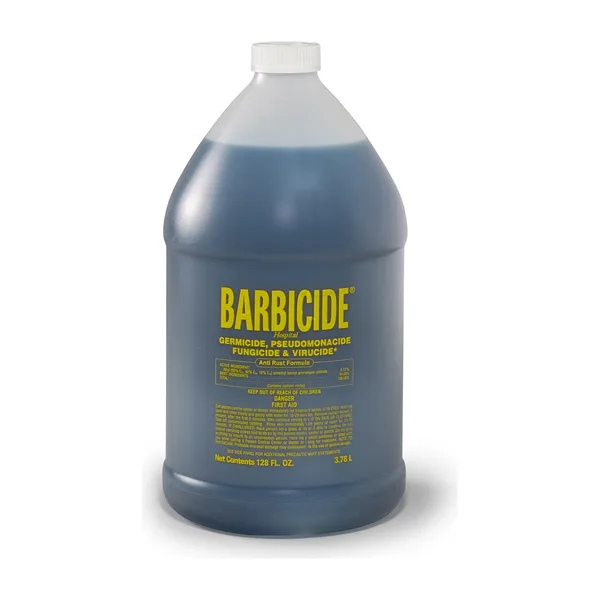 A jug of blue Barbicide disinfectant concentrate