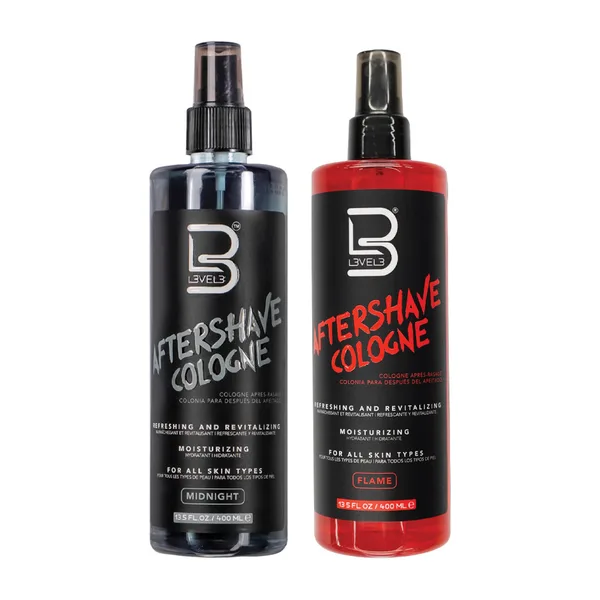 Bottles of L3VEL3 aftershave cologne spray