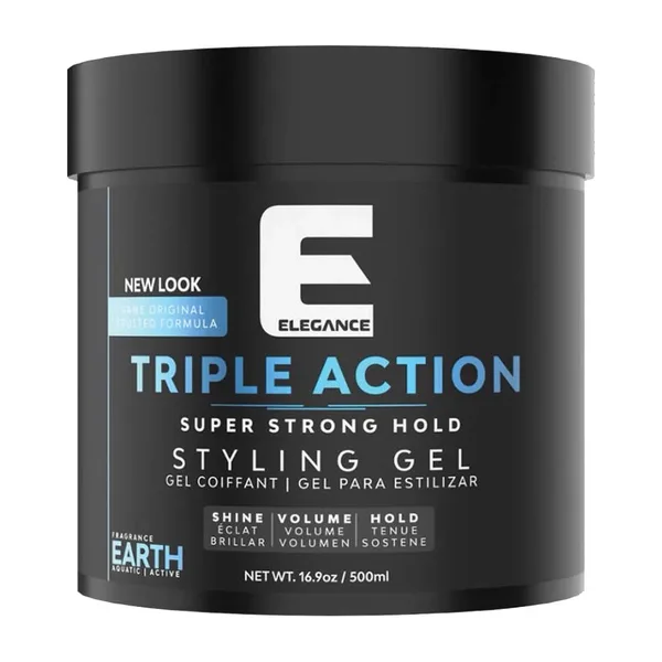 A tub of Elegance Triple Action styling gel